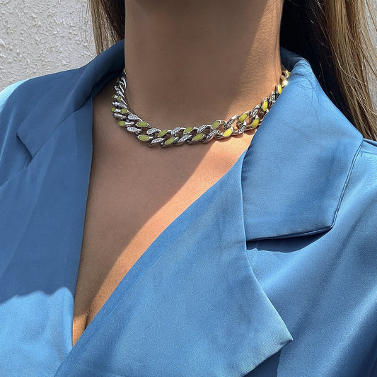 Jewelry Punk Diamond-studded Cuban Chain Necklace Retro Drip Oil Luminous Metal Chain Necklace Female