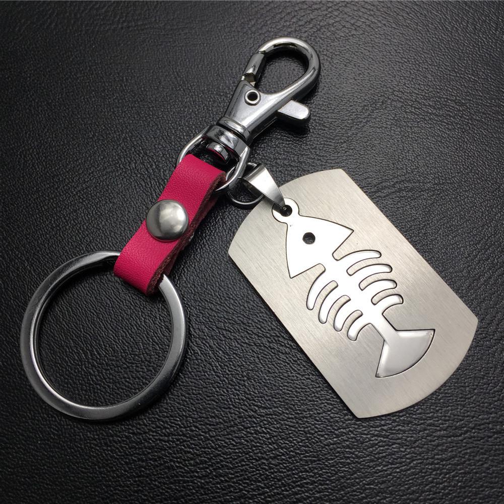 Double-layer fish bone fish rack titanium steel cowhide key chain stainless steel pendant men's waist hanging women's bag pendant