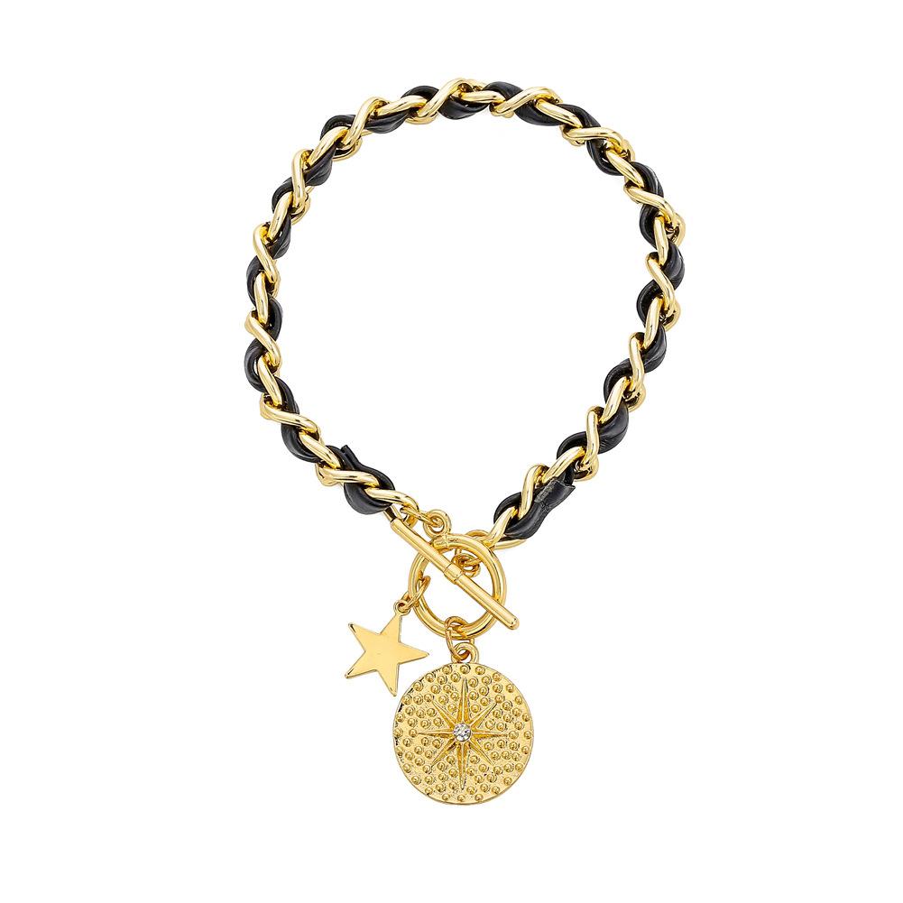 Ins niche light luxury leather rope braided bracelet pentagram hexagram round plate pendant OT buckle bracelet jewelry