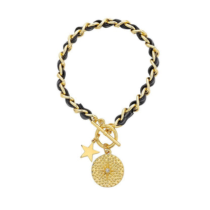 Ins niche light luxury leather rope braided bracelet pentagram hexagram round plate pendant OT buckle bracelet jewelry