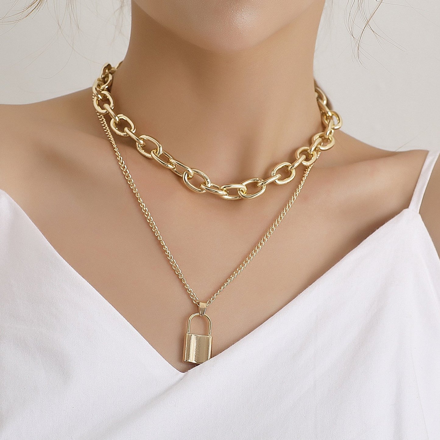 Jewelry Punk Aluminum Alloy Thick Chain Lock Pendant Necklace Ladies Street Retro Double Layer Necklace