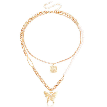 Jewelry punk double-layer micro-inlaid diamond butterfly pendant necklace female ins imitation pearl necklace