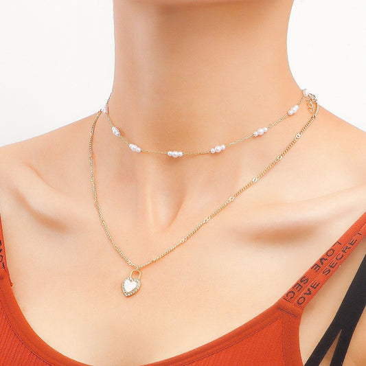 Jewelry Imitation Pearl Double Heart Pendant Necklace Sweater Chain Fashion Versatile Personality Design Necklace