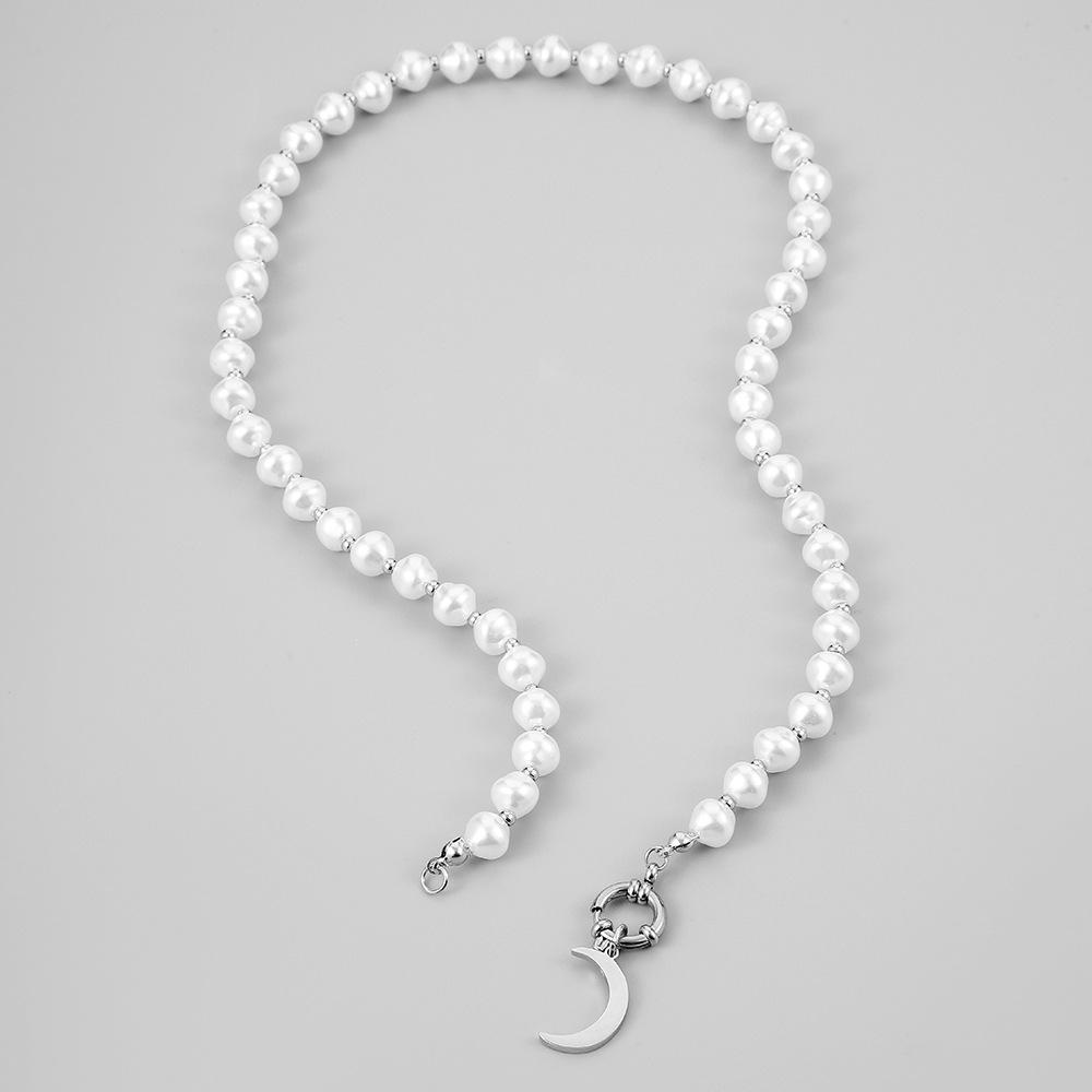Fashion Harbor Stainless Steel Pearl Moon Lock Necklace Creative Retro Personality Design Versatile Men's Necklace