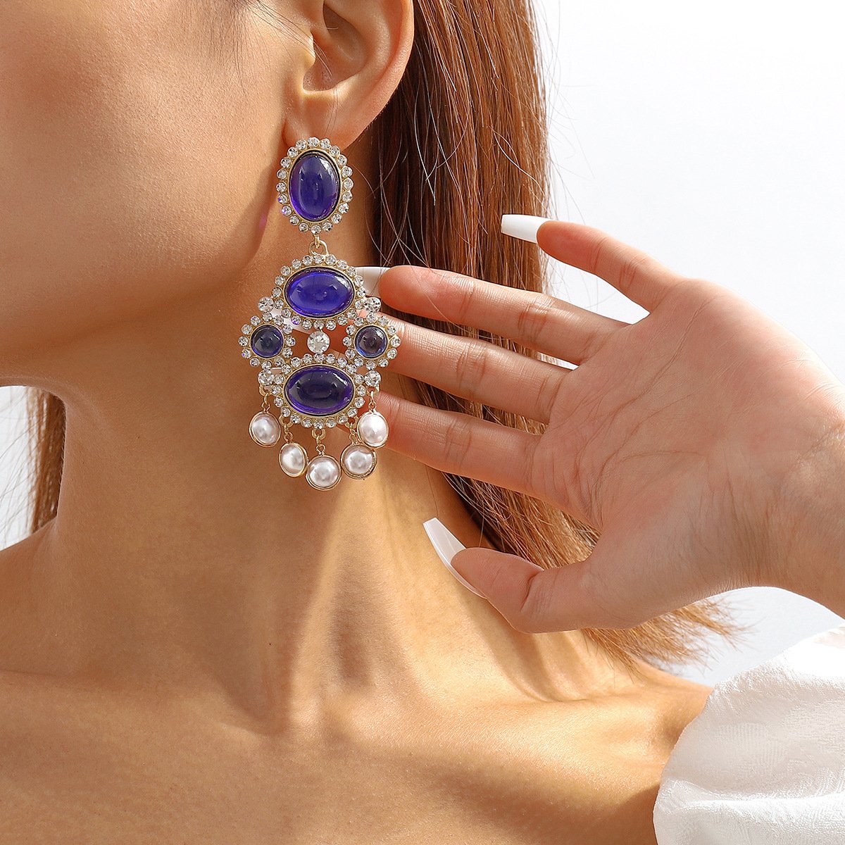 E1116 Niche Gemstone Pearl Tassel Earrings Literary Retro Vintage Court Elegant Earrings