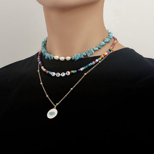 Jewelry multi-layer color rice beads turquoise devil's eye pendant necklace fashion cold necklace