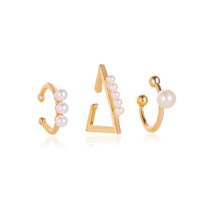 Temperament three-piece ear clip hollow geometric pearl earrings earrings ear bone clip cold earrings