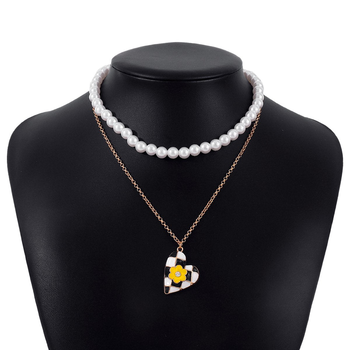N1436 Personalized pearl stacked double-layer necklace dripping oil love flower slightly inlaid sweet girl necklace