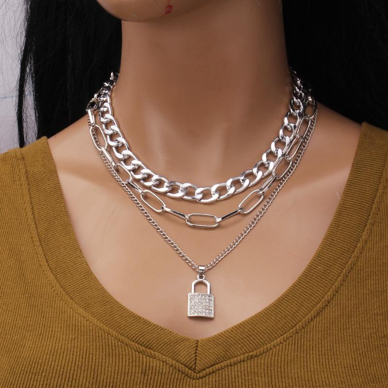 Jewelry thick chain multi-layer necklace punk temperament diamond padlock pendant multi-layer clavicle chain