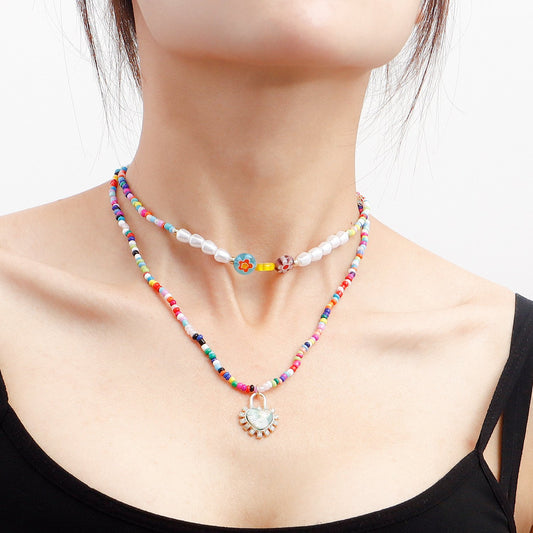 Jewelry Bohemian color rice beads glass flower love lock pendant necklace female necklace
