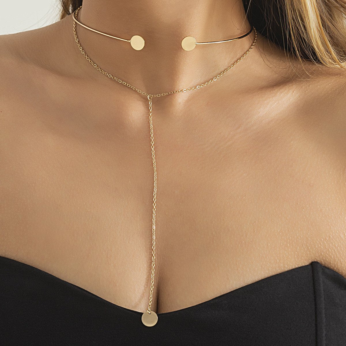 Jewelry Frosty Choker Thin Chain Necklace Simple Stacked Metal Double Disc Tassel Necklace