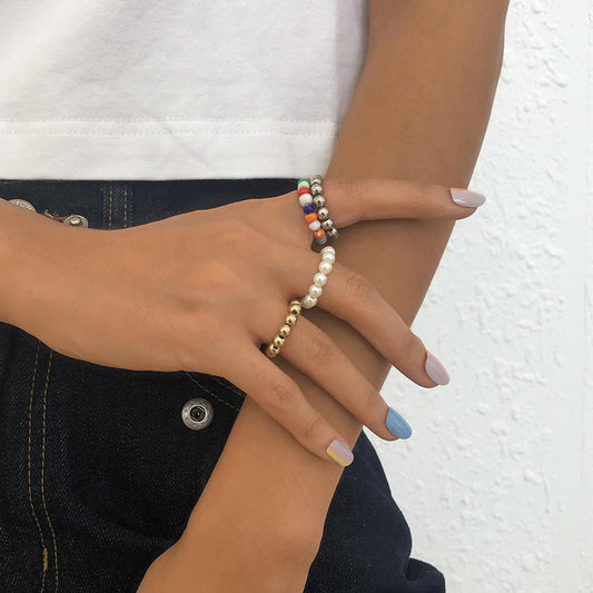 R679 Ethnic Temperament Ring Colorful Beaded Geometric Ring Retro Simple Exaggerated Pop Jewelry