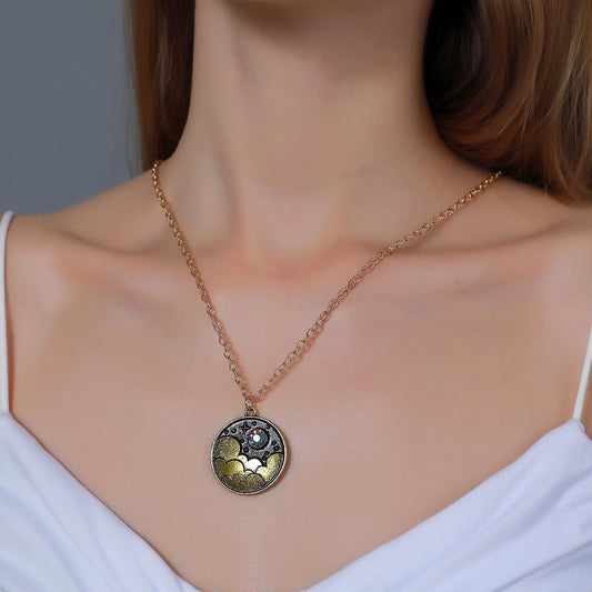 Creative Color Night Sky Necklace Retro Literary Moon Clouds Year-old Clavicle Chain Personality Cartoon Geometric Round Pendant