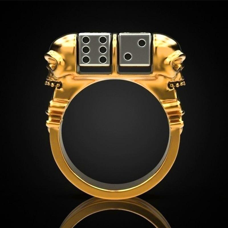 Personality Men's Punk Punk Domineering Golden Skull Dice Hip Hop Ring