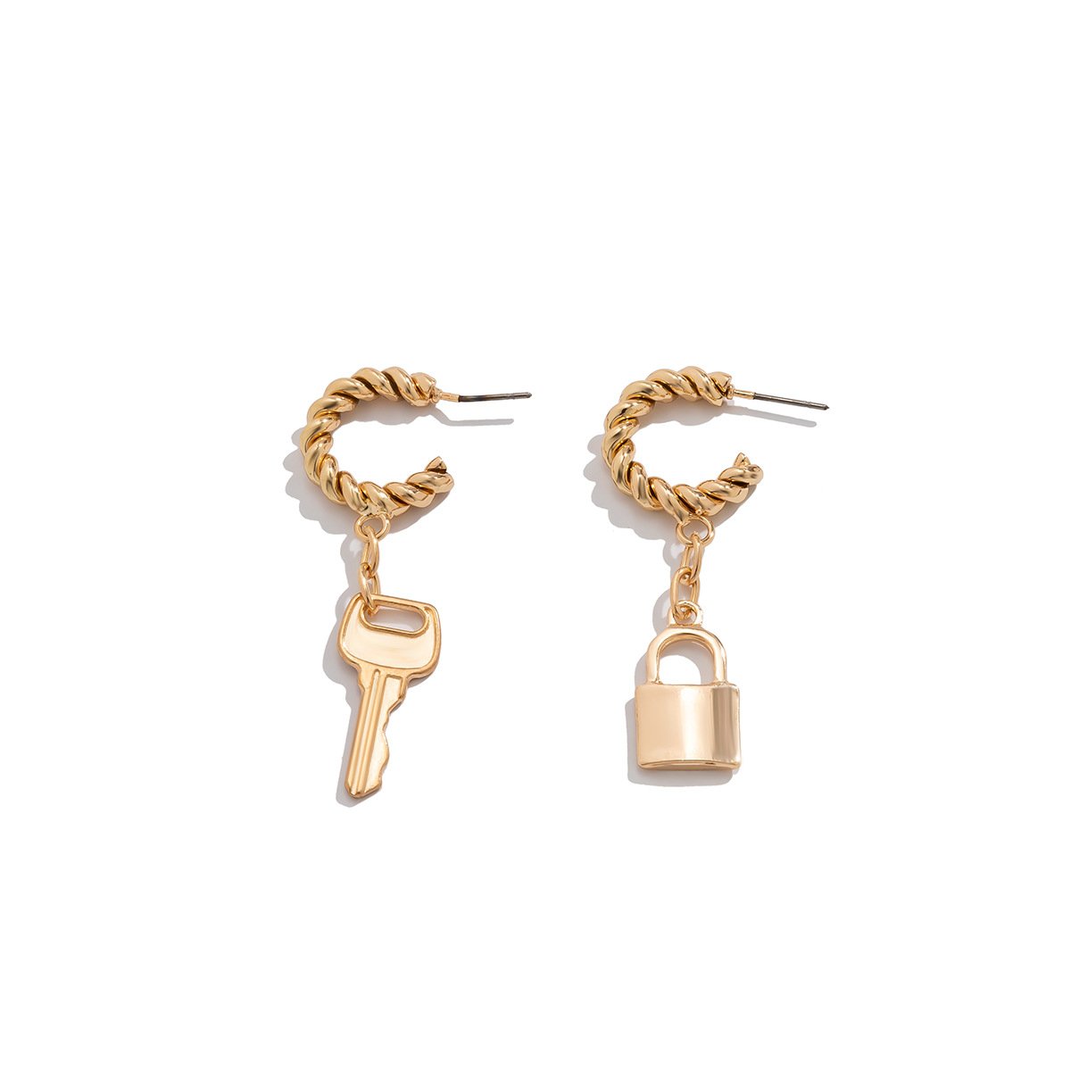 Jewelry simple metal C-shaped twist earrings retro alloy lock key pendant earrings
