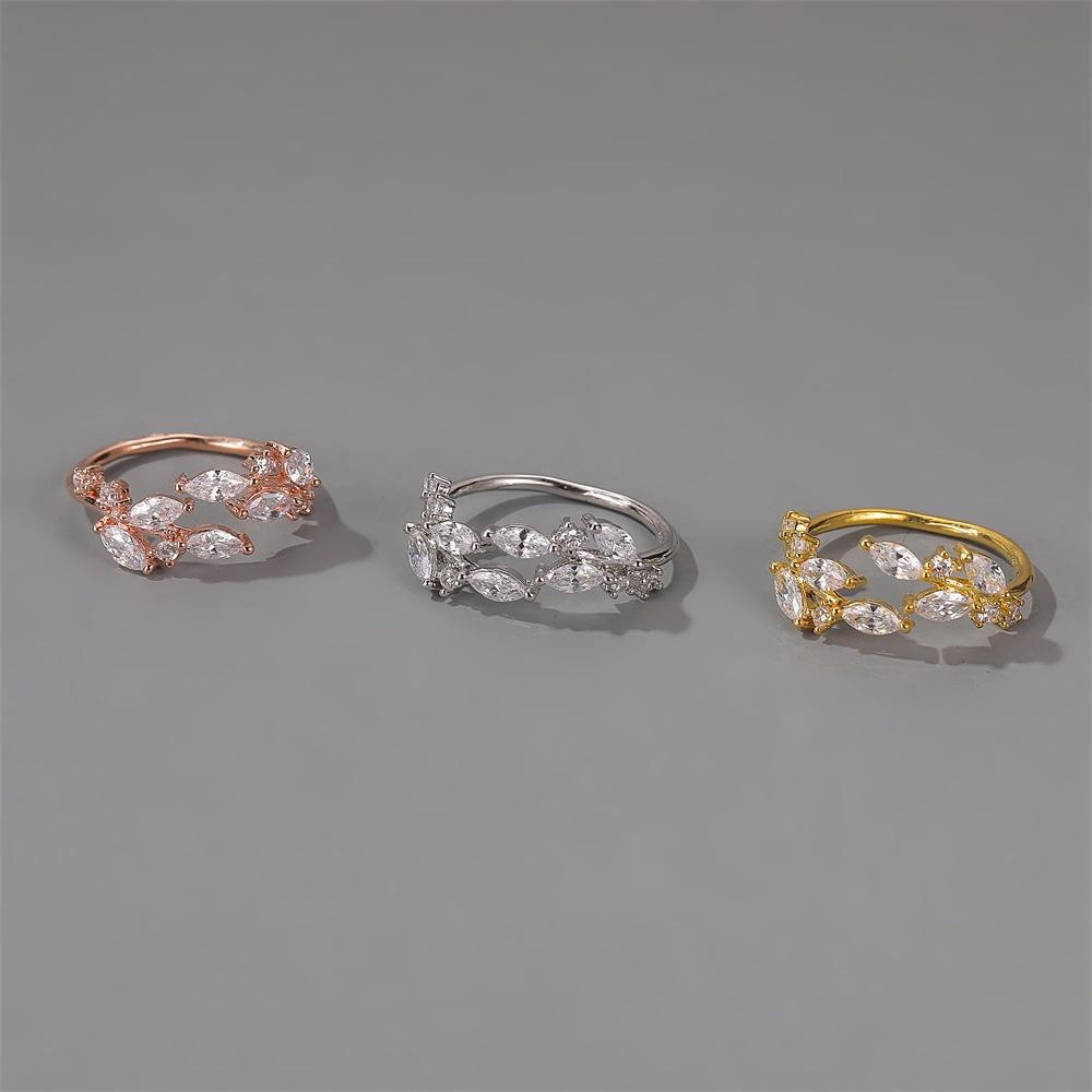Jewelry temperament all-match zircon leaf ring Mori simple opening crystal leaf ring female