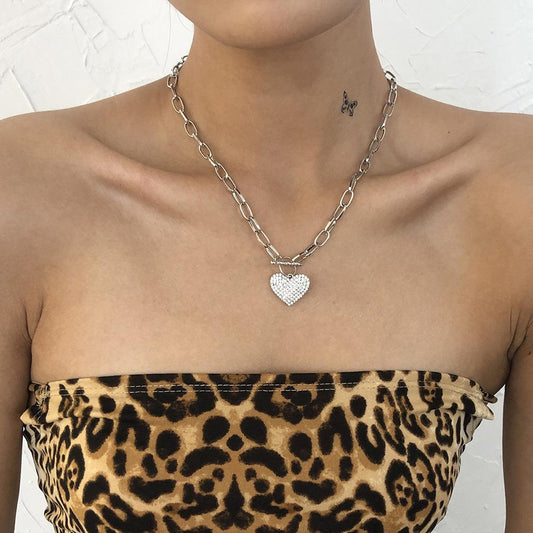 N8321 fashion exaggerated punk metal chain single layer necklace trendy heart-shaped diamond necklace
