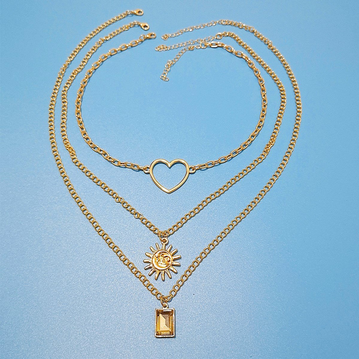 Jewelry Retro Versatile Multi-layer Peach Heart Gemstone Pendant Necklace Women's Ring Sweater Chain Three-piece Set
