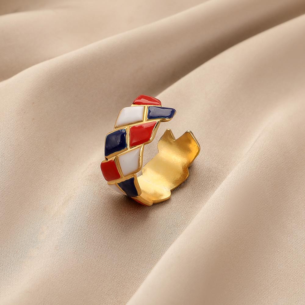 Fashion niche design personality stainless steel color checkerboard drop oil geometric opening ring female
