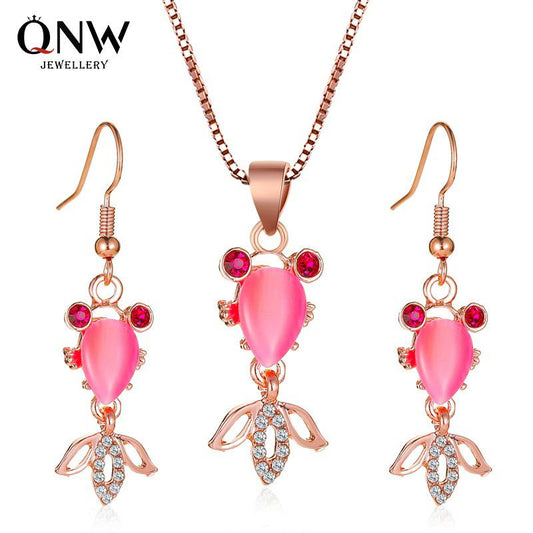 Set Jewelry Cute Pink Cat's Eye Goldfish Necklace Personality Cartoon Earrings Women's Pendant Clavicle Chain