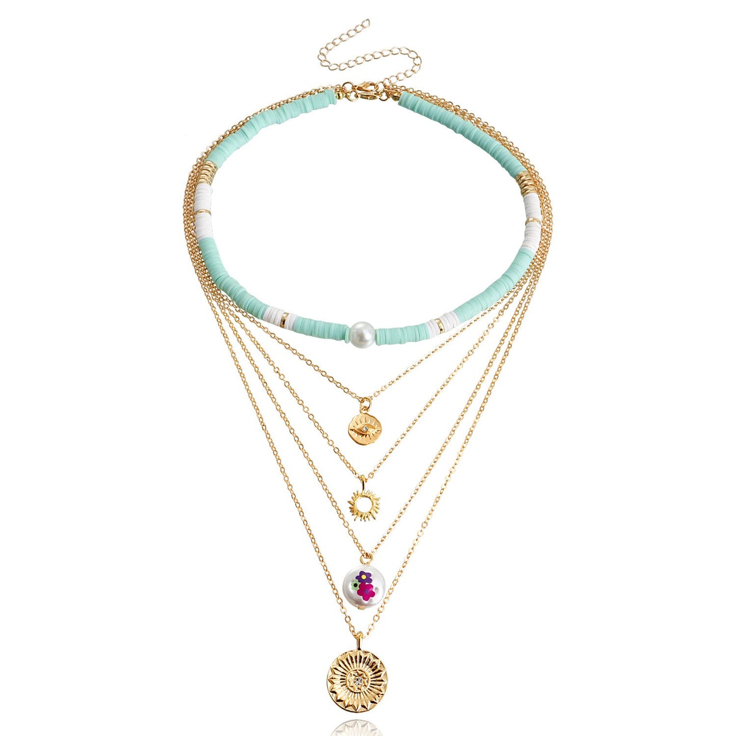 Jewelry Bohemian retro multi-layer color soft pottery geometric round pendant necklace female personality