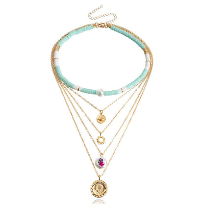 Jewelry Bohemian retro multi-layer color soft pottery geometric round pendant necklace female personality