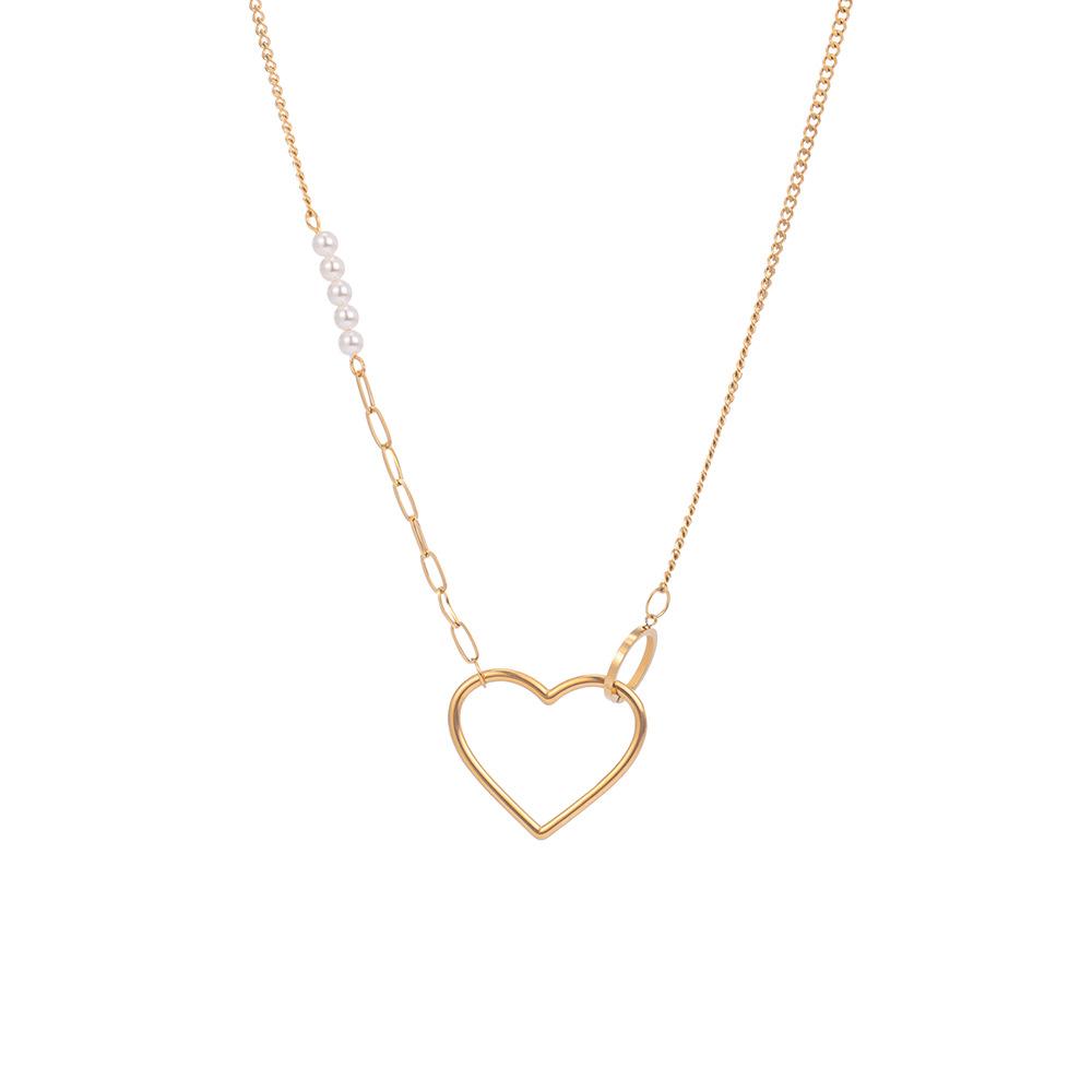 Creative Hollow Heart Interlocking Pendant Necklace Heart-to-Heart Pearl Necklace Women's Titanium Steel Jewelry