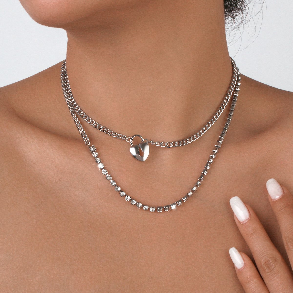 N118 Multi-Layered Wearing Love Rhinestone Necklace Stitching Geometric Shining Small Fashion Necklace