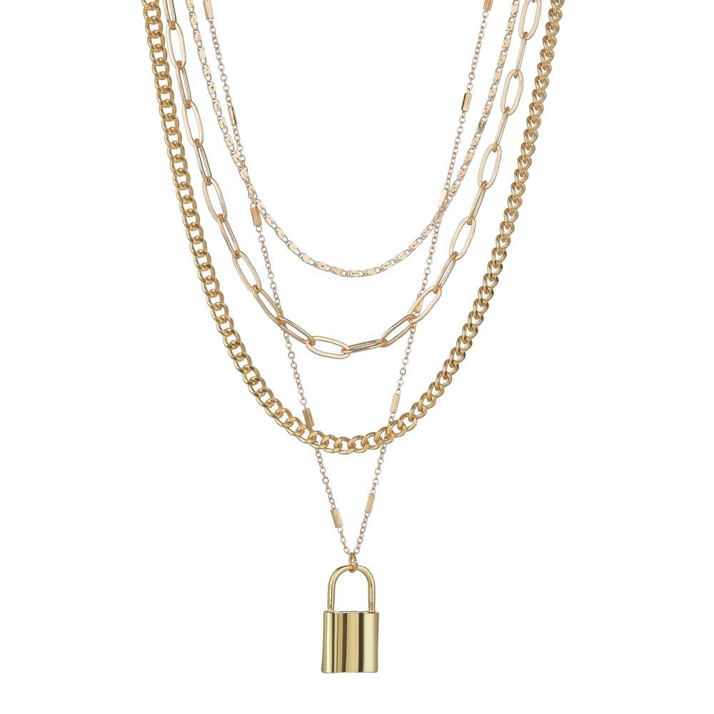 Multilayer Necklace Female Creative Retro Simple Alloy Lock Pendant Thick Chain Necklace Jewelry