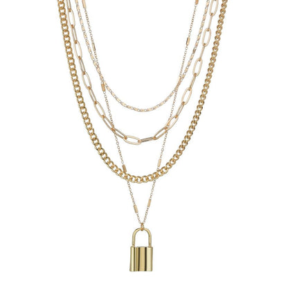 Multilayer Necklace Female Creative Retro Simple Alloy Lock Pendant Thick Chain Necklace Jewelry