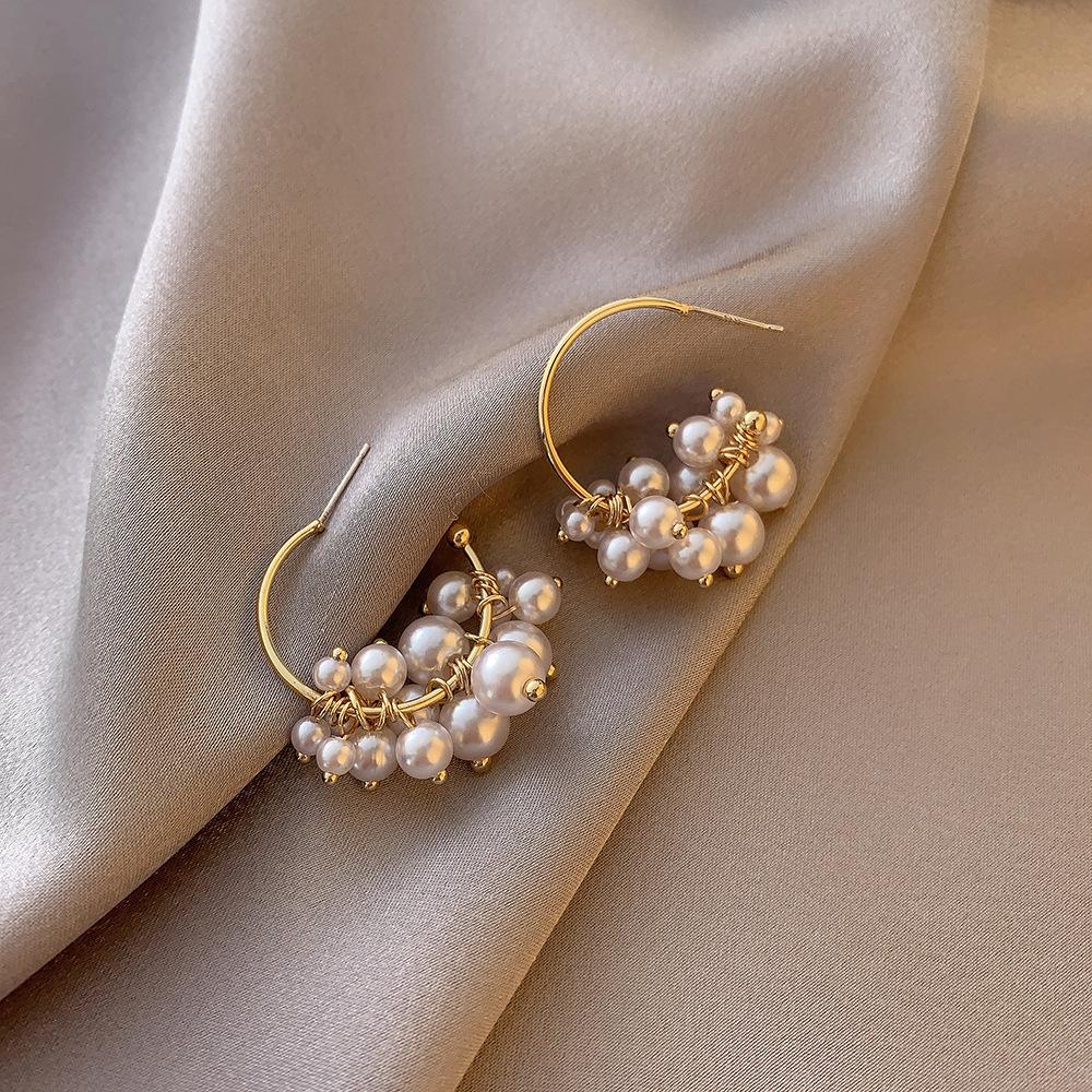 S925 silver needle multi-layer pearl earrings super fairy temperament C-shaped earrings female French celebrity earrings earrings