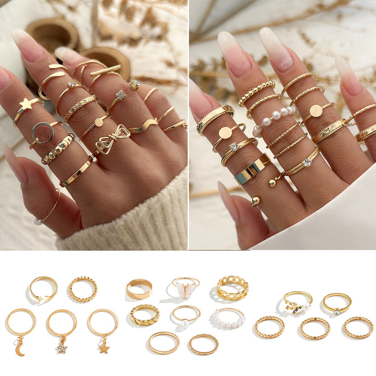 Jewelry Mix and Match Xingyue Ring Set Female Personality Micro-inlaid Butterfly Geometric Ring Jewelry