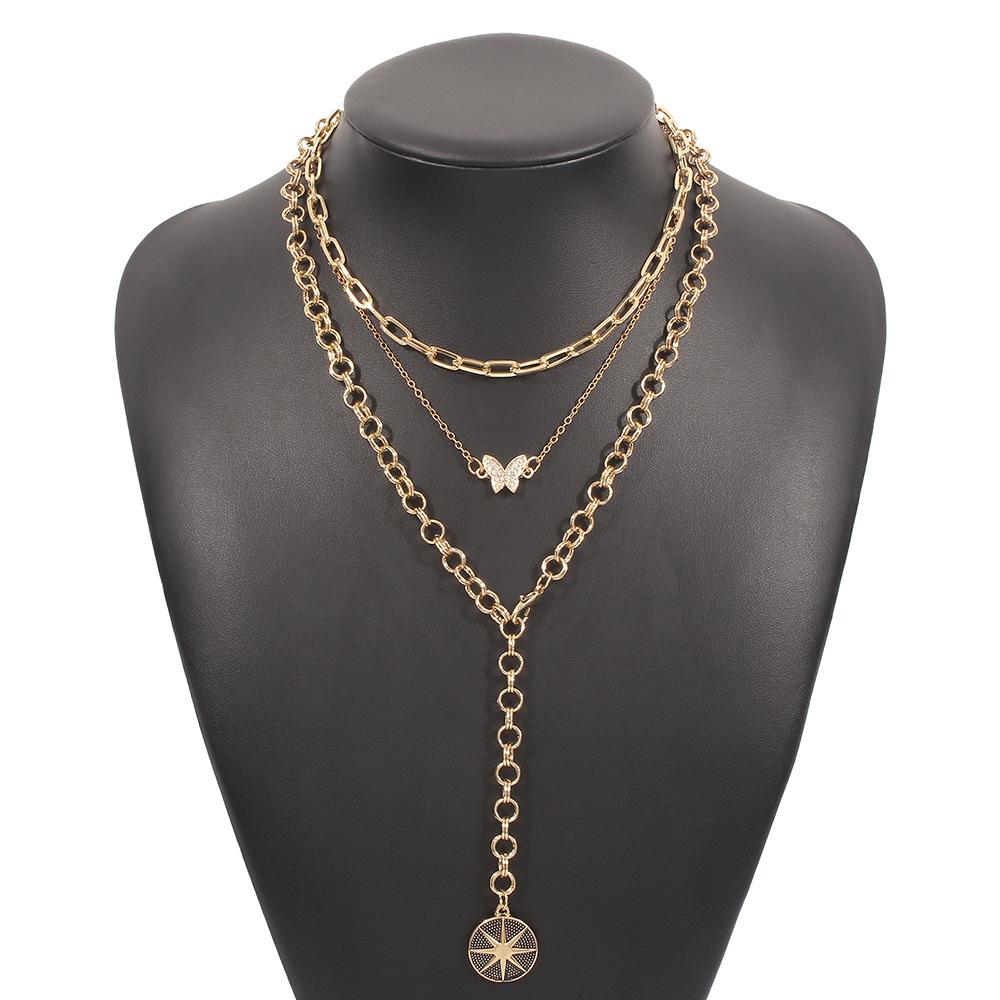 N8872 Multi-layered Necklace Octagram Butterfly Micro-inlaid Necklace Retro Exaggerated Chain Personality Necklace