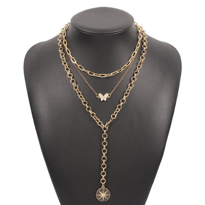 N8872 Multi-layered Necklace Octagram Butterfly Micro-inlaid Necklace Retro Exaggerated Chain Personality Necklace