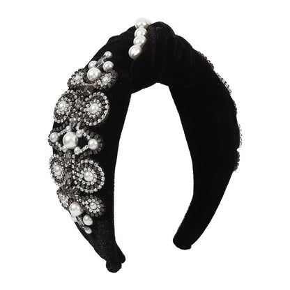 F4644 Sweet retro pearl headband women's velvet claw chain colorful diamond shining knotted wide-brimmed solid color headband