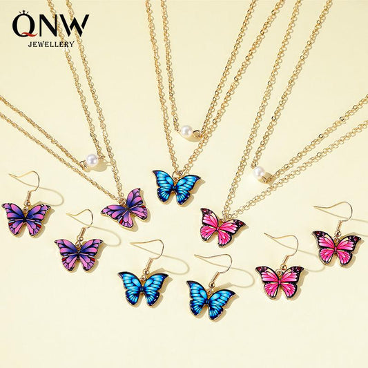 Set Butterfly Necklace Colorful Double Layer Pearl Butterfly Pendant Feminine Elegant Butterfly Earrings