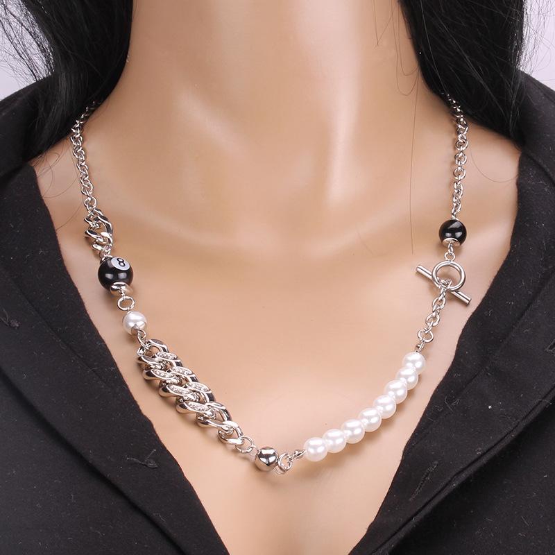 Short sweater chain hip-hop glass pearl diamond necklace stitching OT buckle stainless steel necklace