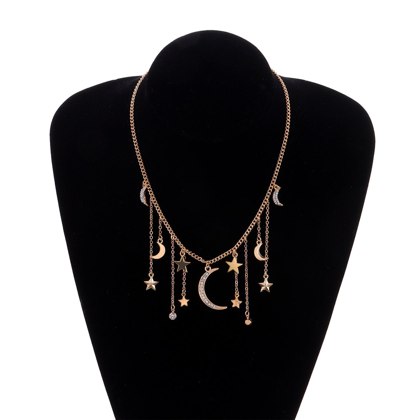 Jewelry Ladies Full Diamond Crescent Pentagram Pendant Necklace Rhinestone Tassel Short Sweater Necklace