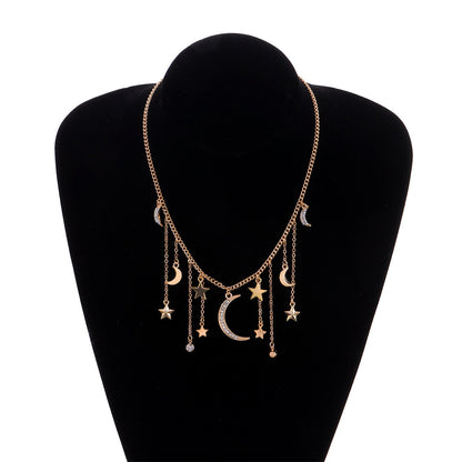 Jewelry Ladies Full Diamond Crescent Pentagram Pendant Necklace Rhinestone Tassel Short Sweater Necklace