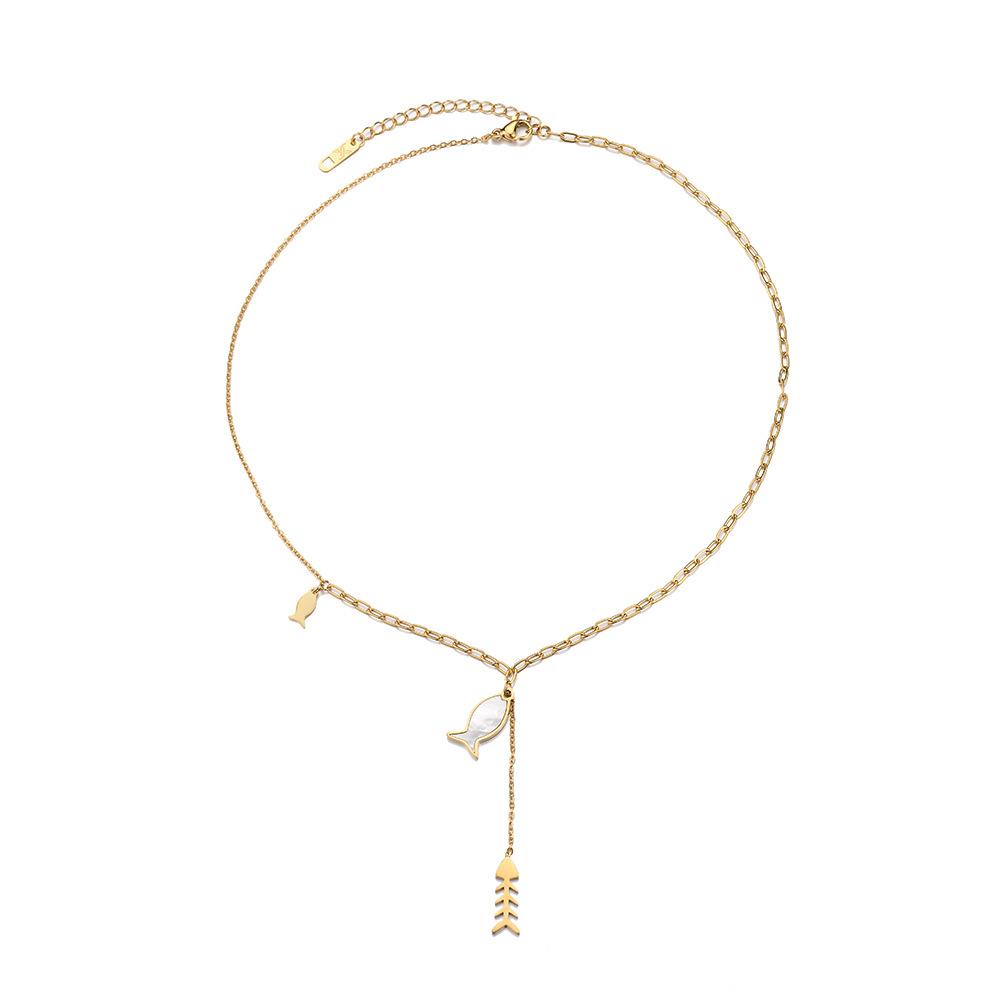 Fashionable titanium steel gold-plated fishbone pendant elegant white mother-of-pearl adjustable small fish collarbone necklace