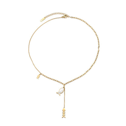 Fashionable titanium steel gold-plated fishbone pendant elegant white mother-of-pearl adjustable small fish collarbone necklace