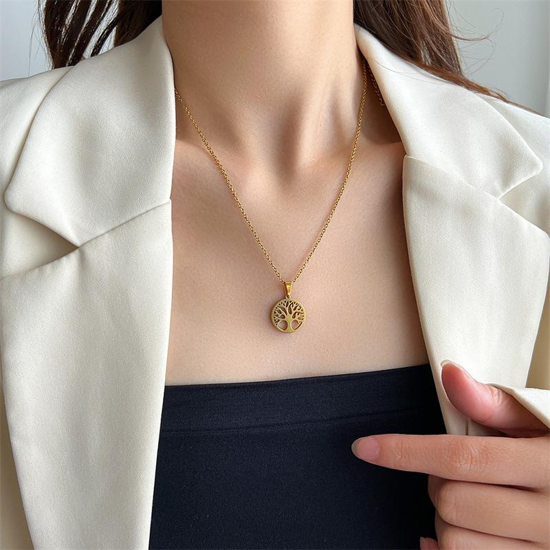 Stainless Steel Necklace Tree of Life Hollow Clavicle Chain Round Pendant Personalized Peace Tree Necklace