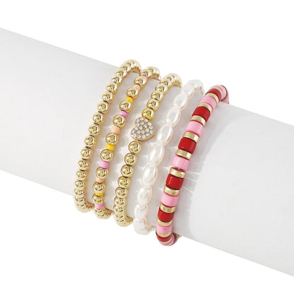 B1965 Ethnic Simple Fashion Colorful Beaded Bracelet Heart Rhinestone CCB Pearl Contrasting Color Elastic Bracelet