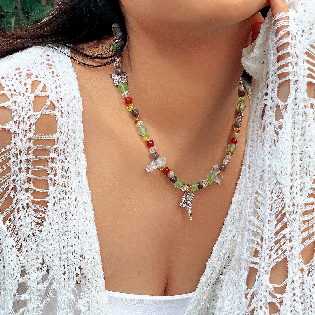 Ornament Mori pastoral elf small butterfly necklace female simple imitation crystal beaded metal necklace