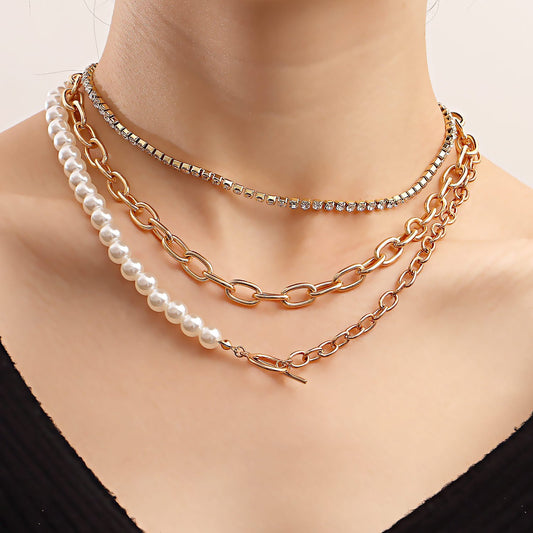 Jewelry ins texture imitation pearl collarbone necklace female simple rhinestone claw chain necklace