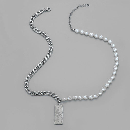 Light Luxury Hip Hop Stainless Steel Pendant Baroque Imitation Pearl Chain Dollar Square Pattern Pendant Titanium Steel Necklace