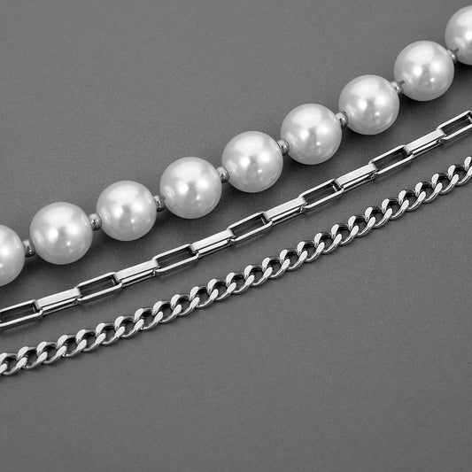 Personalized fashion multi-layer stainless steel pearl necklace titanium steel three-layer trendy hip-hop high street men's collarbone chain