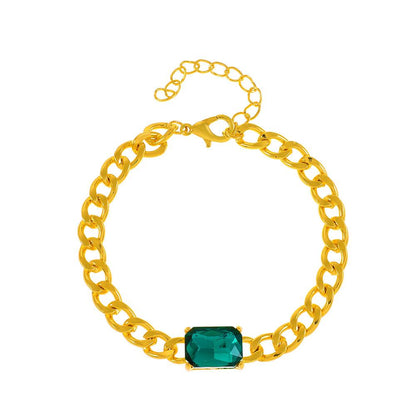 ins simple green square zircon bracelet fashion exaggerated personality emerald Cuban chain thick chain bracelet