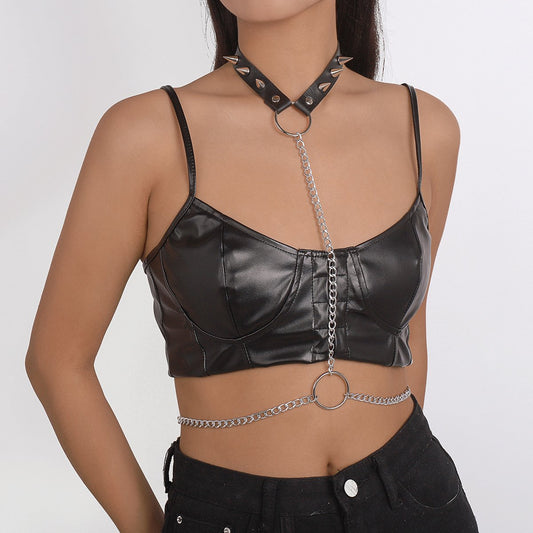 C42 Dark Night Sexy Babes Exaggerated Body Chain Leather Rivet Chain Circle Punk Waist Chain