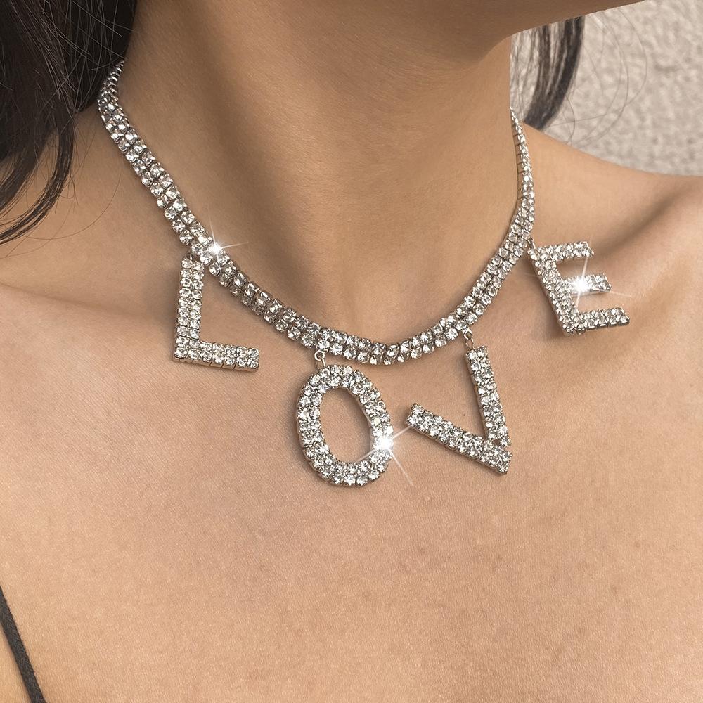 N9373 Exaggerated Net Red Necklace LOVE Full Diamond Light Luxury Temperament Necklace Personality Trendy Fashion Necklace Female